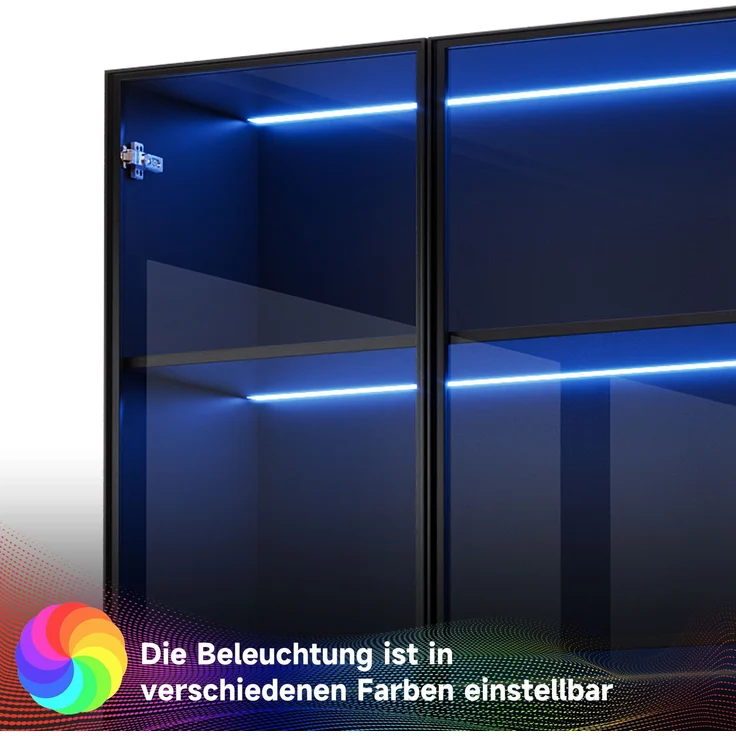 ZUBALIYA LED-Vitrine 60×40×160 cm - Glasvitrine, Bücherregal und Multifunktionsschrank mit Beleuchtung und Schubladen, mit Aluminiumrahmen, Hartglastüren und sanft schließenden Scharnieren, mehrfarbige LED – Bild 3