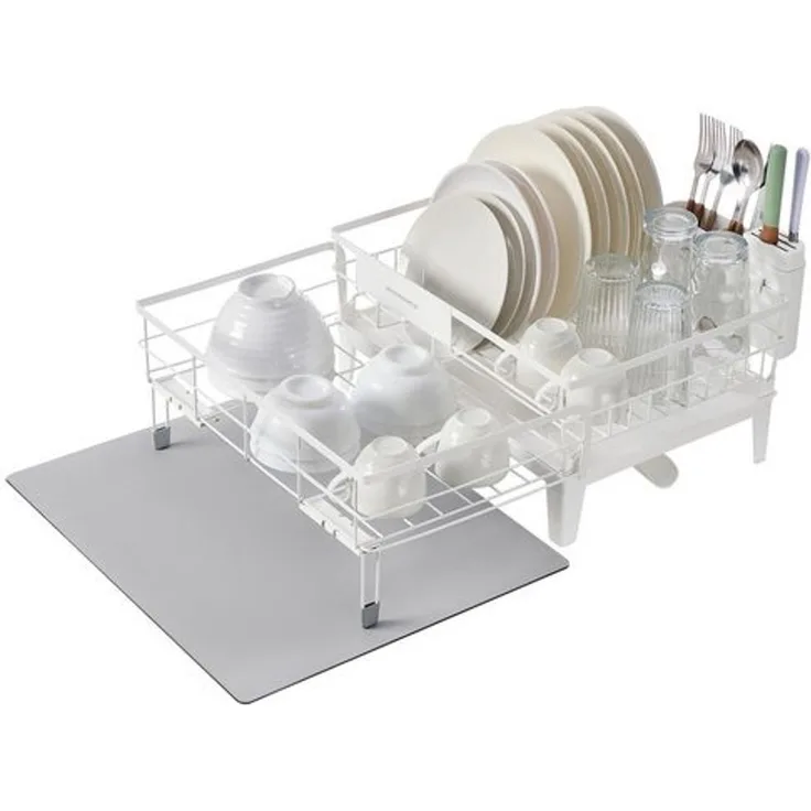 SONGMICS Abtropfgestell Geschirr, ausziehbarer Geschirr-Abtropfständer, wasserabsorbierende Silikonmatte, 360° drehbarer und ausziehbarer Ablauf, (31-56) x 42 x 20 cm, mattweiß-taubengrau