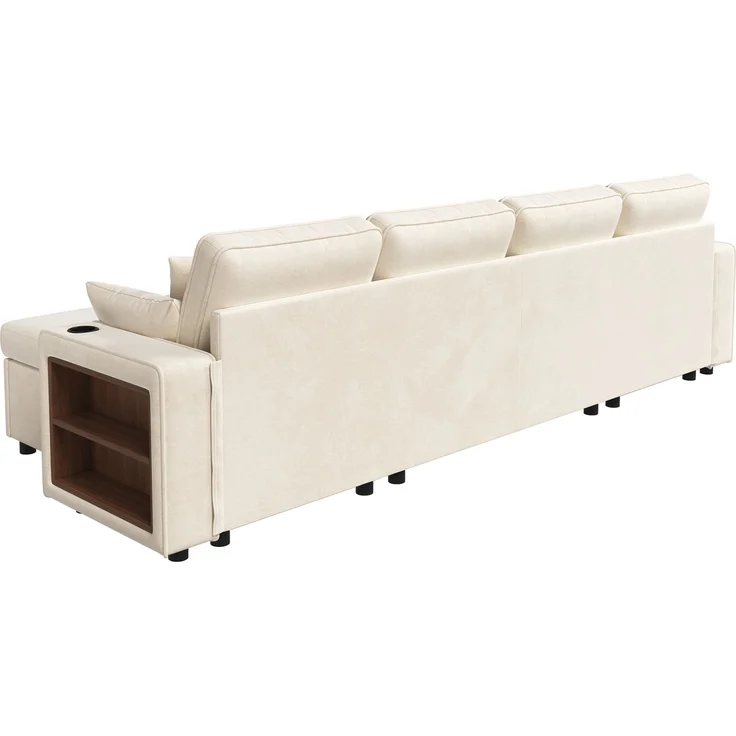 Merax U‑förmiges Ecksofa mit Schlaffunktion, ausziehbares Schlafsofa, integrierter Stauraum, doppelte Chaiselongue mit verstecktem Stauraum, Becherhalter, USB‑Ladeanschluss und Armlehnen‑Ablage, Beige – Bild 7