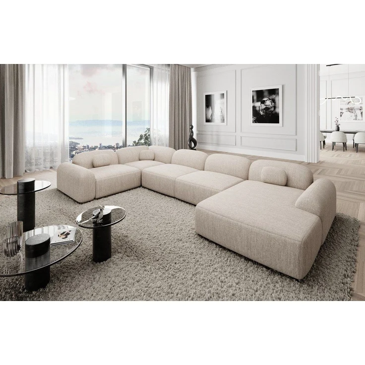 Sofa Dreams Wohnlandschaft Barcelona U Form Stoffsofa 6-Sitzer, Lounge Couch Strukturstoff Beige Ottomane rechts – Bild 5
