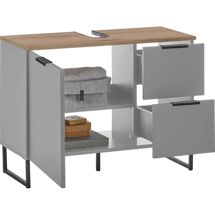 Waschbeckenunterschrank >Denver< 1 Tür, 2 Schübe, grau matt / evoke eiche - 80x60x35cm (BxHxT) – Bild 2