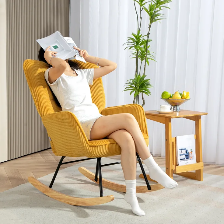 Schaukelsessel mit Tufting-Lehne Kord Bezug 120 kg Tragkraft Eleganter Relaxsessel,Gelb