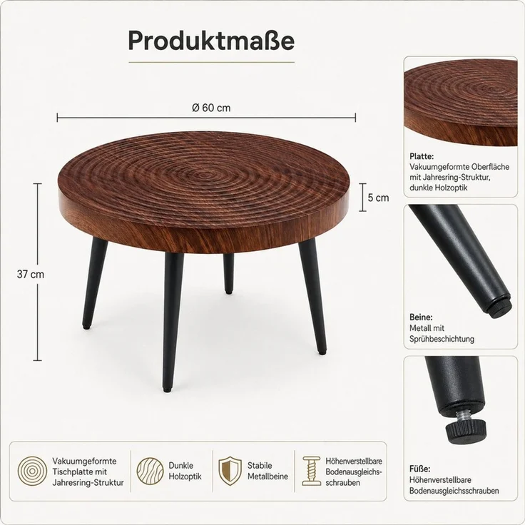 Celya Couchtisch Moderner runder Beistelltisch mit 5cm starker Tischplatte (mit Metallfüßen, vielseitig einsetzbar für Wohnzimmer, Café und Büro) – Bild 2