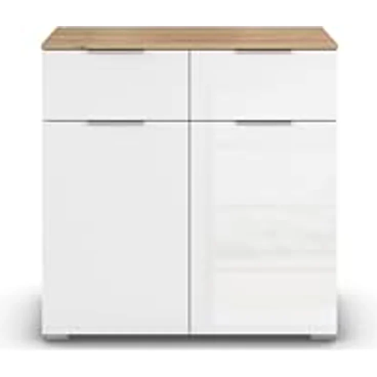 Rauch Möbel Alabama, Kommode für Schlafzimmer, Kinderzimmer, Garderobe, Flur, 2-türig, mit 2 Schubladen, SOFT-CLOSE-Funktion, Farbe Weiß Hochglanz/Eiche Artisan, Holz, Griff Alufarben, Maße 80x81x42cm – Bild 4