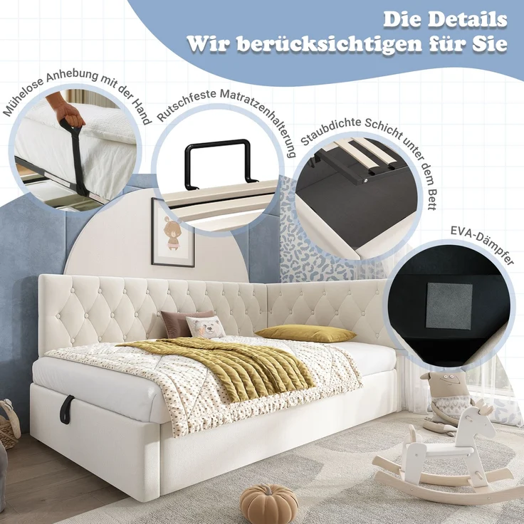 Polsterbett 90x200 cm aus Samt mit hydraulischem Stauraum – L‑förmiges Daybed, beige – Bild 6