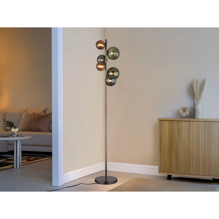Stehleuchte RIHA Anthrazit 6-flammig mit bunten Glaskugeln, Höhe 155cm
