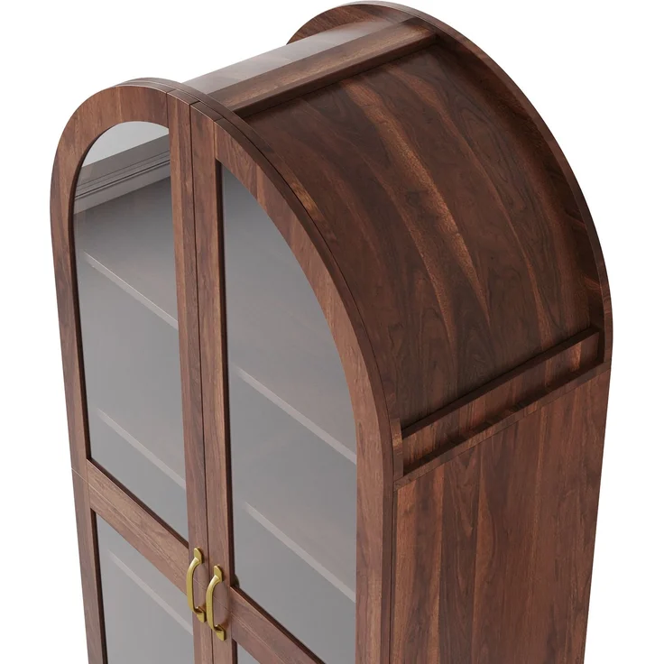 Vitrine aus MDF und Glas mit Bogenprofil und 2 Schubladen, 76x40x180 cm, Nussbaum-Optik – Bild 8
