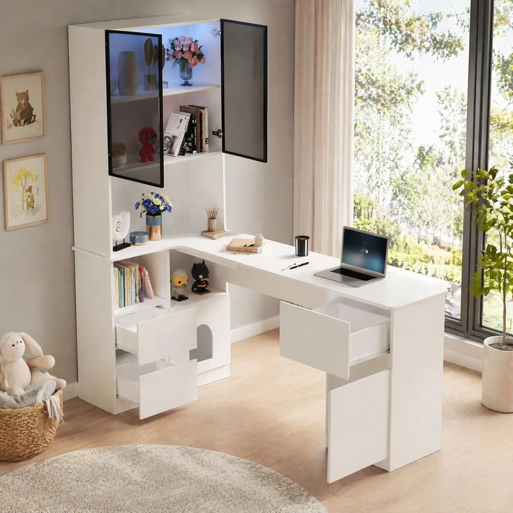 Eckschreibtisch mit Regal, LED-Vitrine & Haustierfach, 120x80x180 cm, Weiß – Bild 1