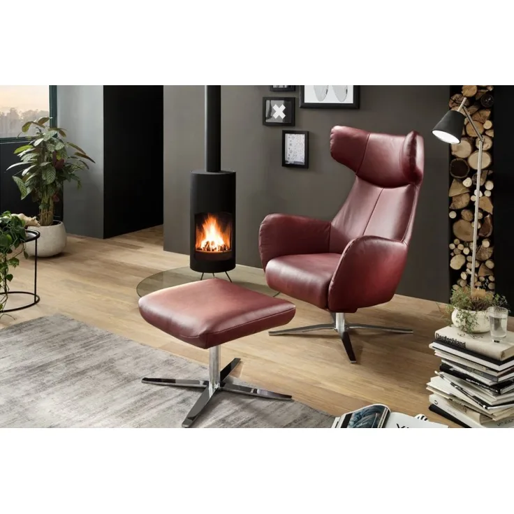 KAWOLA Sessel RANDY inkl. Hocker Leder rot 117 x 96 x 79 cm