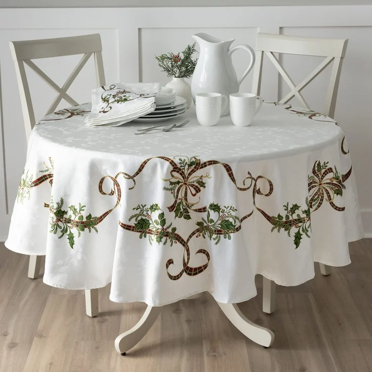 Benson Mills Merry Ribbons Weihnachtstischdecke aus bedrucktem Jacquard-Stoff, für Weihnachten, Winter und Feiertage, Tischdecke (177,8 cm rund, Merry Ribbons)