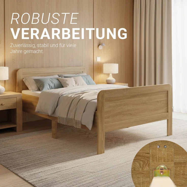 Komfortbett 120x200 mit Lattenrost Seniorenbett Höhenverstellbar Holzbett Eiche Einzelbett Hohes Bett Bettgestell – Bild 7