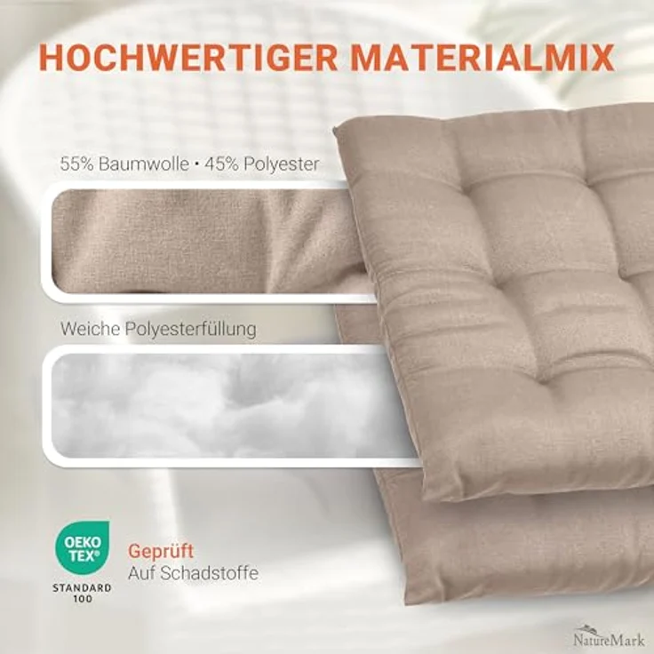 NatureMark 4er Set Stuhlkissen mit Bändern Gr. 40x40 cm Sitzkissen gefüllt, Sand/Beige – Bild 8