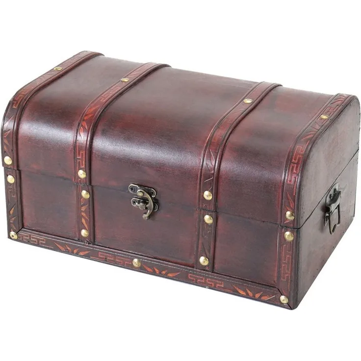 HMF Schatzkiste Handgefertigte Holztruhe Portugal, Schatzkiste mit dekorativem Metallschloss im Antik-Look 30x20x15 cm