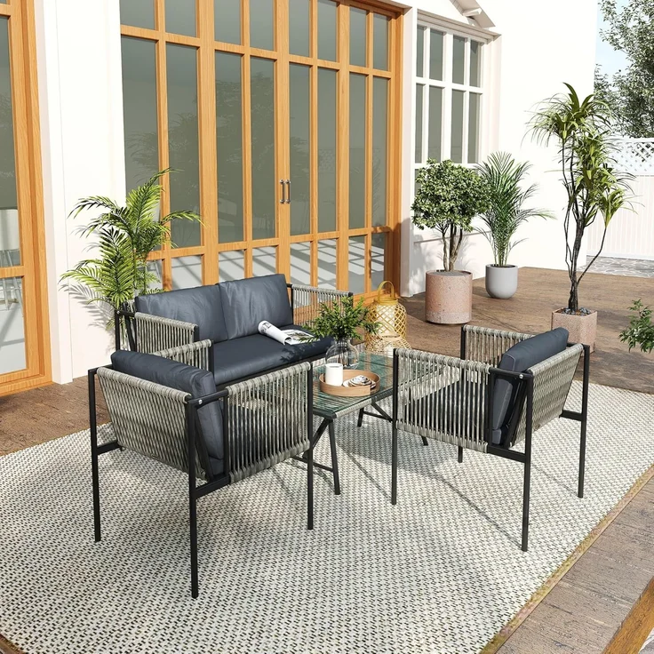 Outsunny Sitzgruppe mit 2er Sofa, Sessel, Glastisch, Kissen, (Gartenmöbel-Set aus Polyrattan, 4-tlg, wetterfest Lounge-Set), für 4 Personen, für Garten, Balkon, Grau – Bild 8