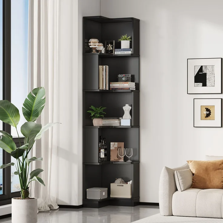 Flieks Eckregal mit LED 63.5×45×175 cm, Eckbücherregal 5 Ebenen, Bücherregal Ecke mit App-Steuerung, Standregal modern, Schwarz – Bild 3