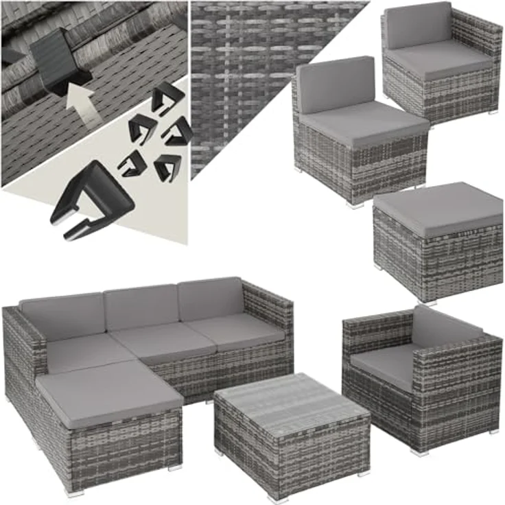 tectake® Poly Rattan Lounge, Outdoor Gartenmöbel Set mit Sofa, Sessel, Hocker und Tisch, variabel kombinierbar, Möbel wetterfest für 4-5 Personen, Balkonmöbel, Gartenlounge, Terrassenmöbel - grau – Bild 2