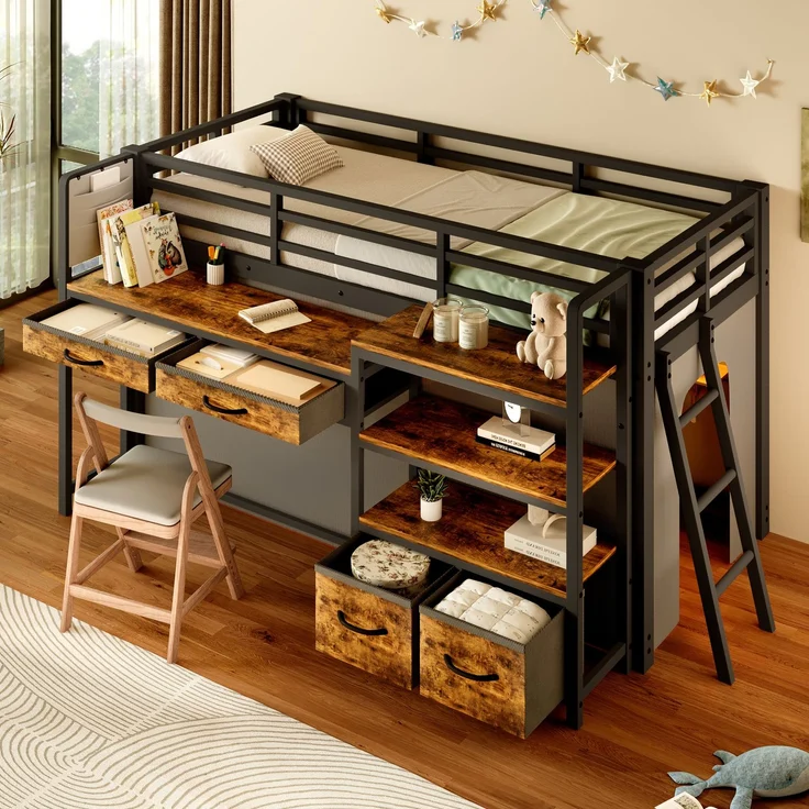ZUBALIYA Hochbett 90x200 cm mit Schreibtisch, Stauraum und Stoffschubladen, Kinderbett aus Metall mit Vorhang, mehrschichtigem Regal und LED-Licht, Schwarz – Bild 3