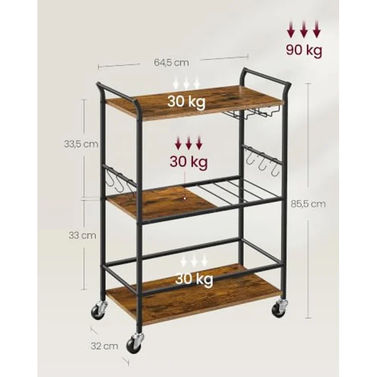 VASAGLE Servierwagen, Küchenwagen, abnehmbares Tablett, mit verstellbaren Füßen und Rollen, Küchenregal, Stahlrahmen, 64,5 x 32 x 85,5 cm, Industrie-Design, vintagebraun-schwarz LRC200K101 – Bild 6