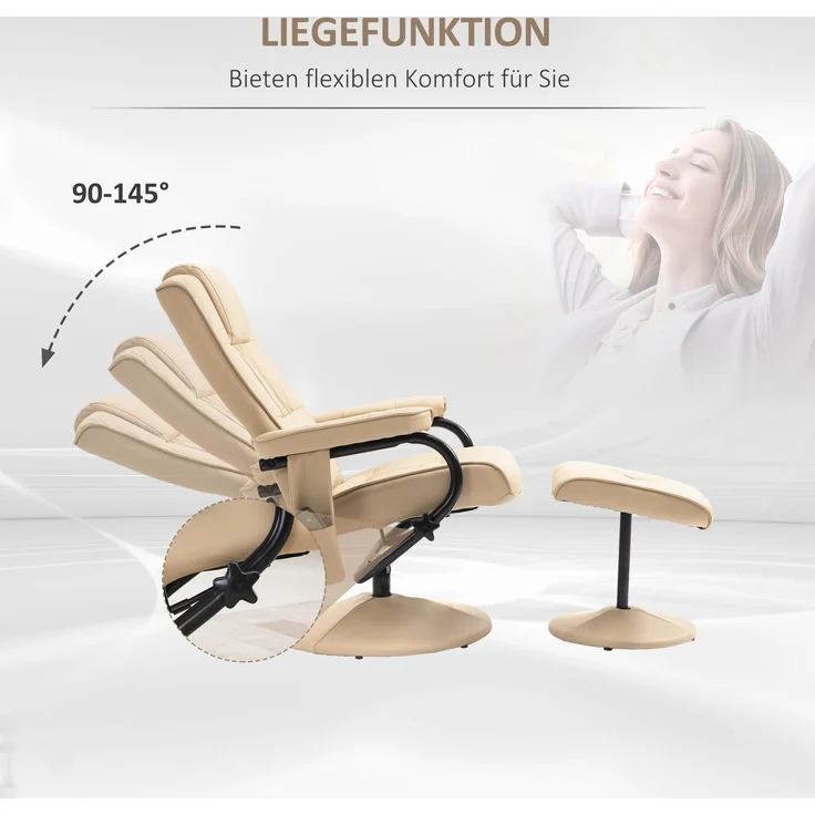 Massagesessel mit Hocker, Kunstleder, 360° drehbar, 77x84x95 cm, Cremeweiß – Bild 5