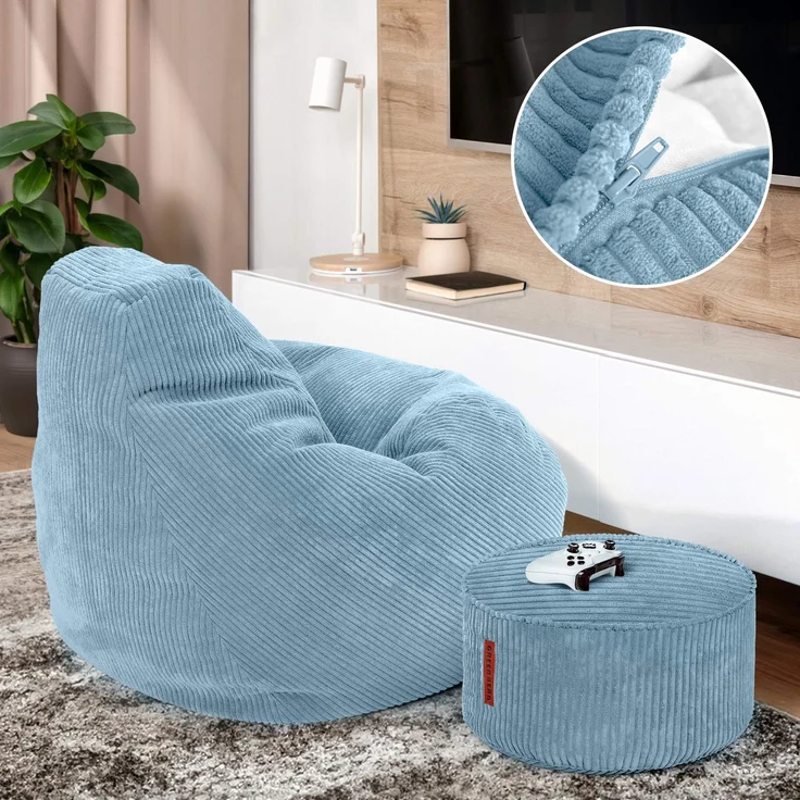 Green Bean® Sitzsack mit Hocker aus Cord - Sitzsäcke für das Wohnzimmer, Schlafzimmer, Sitzsack-Sessel für Erwachsene Hellblau – Bild 3