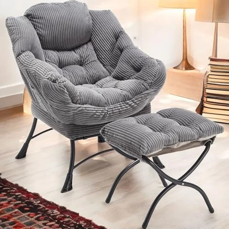 FurnitureR Lazy Chair with Ottoman, Modern Lounge Accent Chair with Armrests and a Side Pocket, Leisure Upholstered Sofa Chair Reading Chair with Footrest for Small Space, Corner Chair-Grey – Bild 3