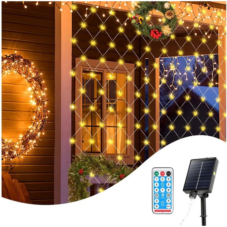 Clanmacy LED-Lichternetz Solar Lichternetz Lichtervorhang 8 Modi-Speicherfunktion IP44 Party – Bild 1
