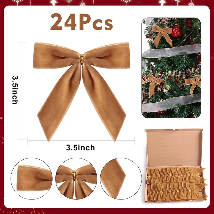 24 Stück – Samt-Schleifen für Weihnachtsbaum, Kranz & Geschenk, 8,9 cm (Braun) – Bild 2