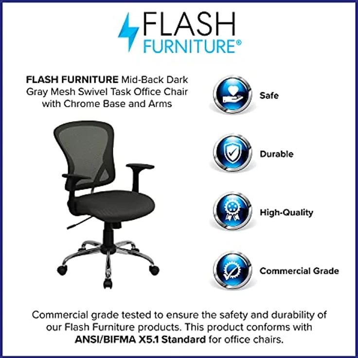 Flash Furniture Arbeitsstuhl, mittelhohe Rückenlehne, Netzmaterial, drehbar, mit Chrombasis und Armlehnen, Metall, dunkelgrau, 74 x 61 x 28 cm – Bild 10