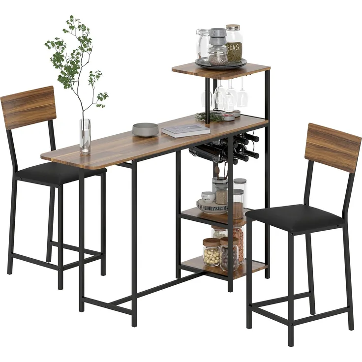 MELAYR, 3-teiliges Bartisch-Set, 1 Bartisch, 2 Stühle, mit Weinregal, Glashalter, 140 x 40 x 116 cm, Braun