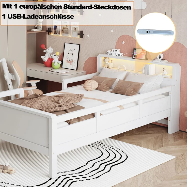 EINHOM Holzbett 90 x 200 cm, Holz, USB- und Tape-C-Kombi-Steckdose, Kleine LED-Leuchte, Kopfteil mit Ablagefunktion, Kinderbett, Einzelbett, Multifunktionsbett, Kiefernholz, Weiß, (Ohne Matratze) – Bild 5