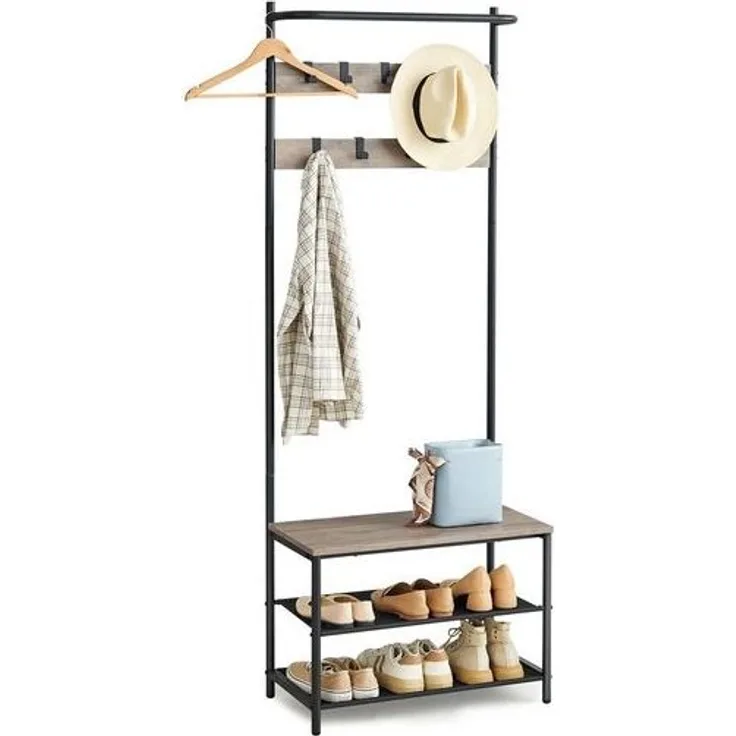 Vasagle Kleiderständer, Garderobe, Garderobenständer, Kleiderstange mit 9 abnehmbaren Haken, Sitzbank, Industrie-Design, für Flur, Schlafzimmer, Greige-schwarz von Songmics 411B02