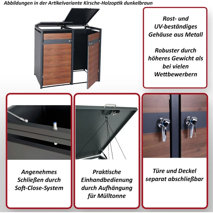 XL 2er/4er-Mülltonnenverkleidung HWC-J82, Mülltonnenbox, Metall 59kg, anthrazit ~ Kirsche-Holzoptik dunkelbraun – Bild 2