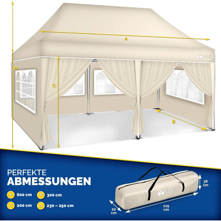 tillvex Pavillon 3x6m - mit 6 Seitenwänden Beige wasserdicht | Pop-Up Faltpavillon höhenverstellbar | Gartenzelt UV Schutz 50+ | Partyzelt mit Tasche für Garten – Bild 10