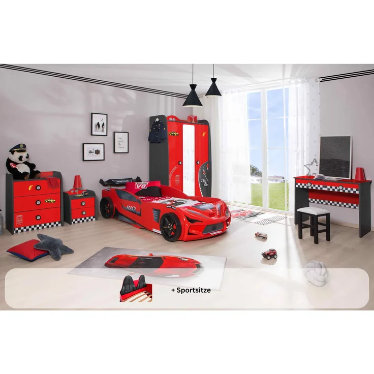 Kinderzimmer komplett Set mit Autobett Rio 5 teilig Rot