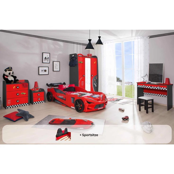 Kinderzimmer komplett Set mit Autobett Rio 5 teilig Rot