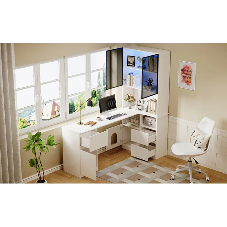 Flieks Eckschreibtisch mit LED-Vitrine & Regal 120×80×180 cm, Computertisch mit 3 Schubladen, 2 Türen, Haustierfach, Rechte Ecke, Weiß – Bild 9