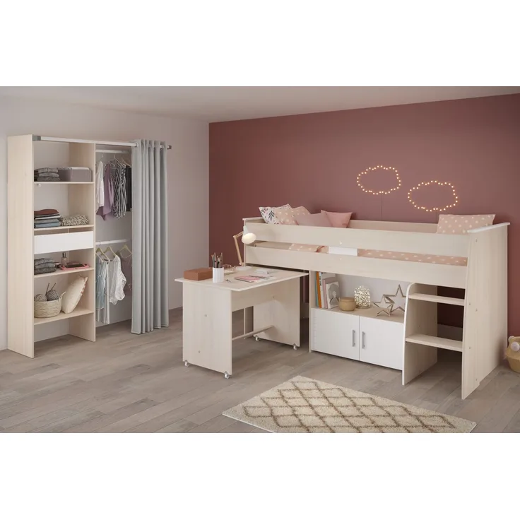 Jugendzimmer Charly von Parisot Kinderzimmer Komplett Set in Akazie und Weiß mit Hochbett oder Jugendbett – Verschiedene Set Varianten - 3 teilig , Hochbett + Lattenrost + offener Kleiderschrank , 90 x 200 cm