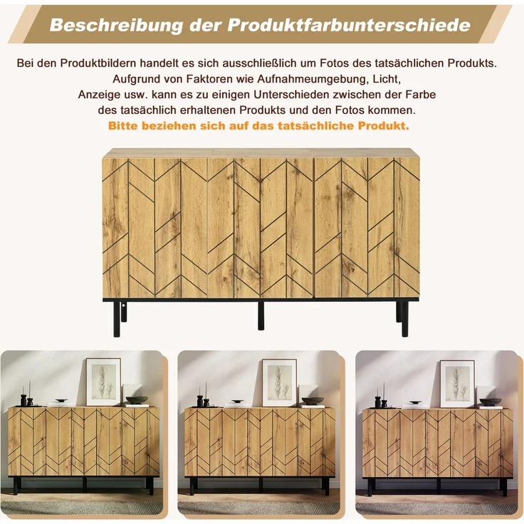 DESVIAE Sideboard Naturholz aus Spanplatte – 120x70x35 cm – 3 Türen, Wellenmuster – Bild 5