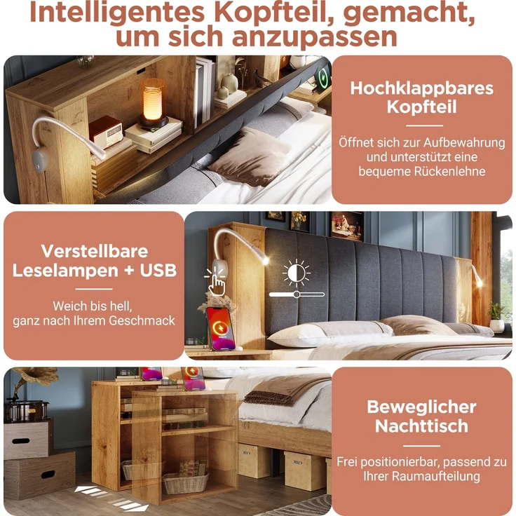Rayofly-Doppelbett H 200cm x T 160cm x B 200cm, Holzbett mit klappbarem Kopfteil aus Leinenstoff, Stauraum, 2 Nachttische, Bettbank mit Stauraum, Leselampen mit USB, Lattenrost, Eiche, mit Matratze – Bild 5