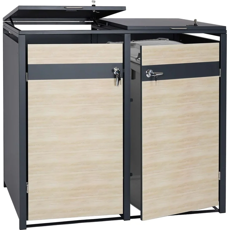 2er Mülltonnenverkleidung HWC-J82, Mülltonnenbox, erweiterbar, Metall 50kg, anthrazit ~ Buche-Holzoptik hellbraun – Bild 1