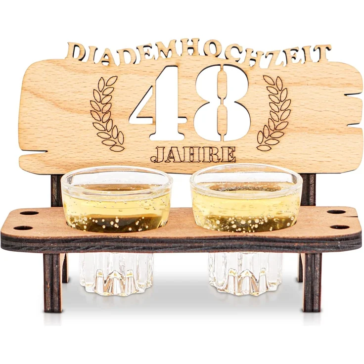 DARO Design - Schnapsbank 48. Hochzeitstag Diademhochzeit Geschenk Deko für Paare Männer Frauen aus Holz mit Gläsern – Bild 1
