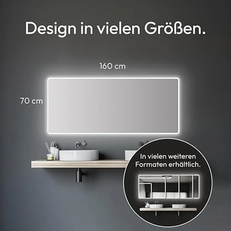 Talos Moon Badspiegel mit LED Beleuchtung, 160x70 cm, neutralweiß, Aluminiumrahmen, feuchtraumgeeignet, ergonomischer Kippschalter – Bild 5