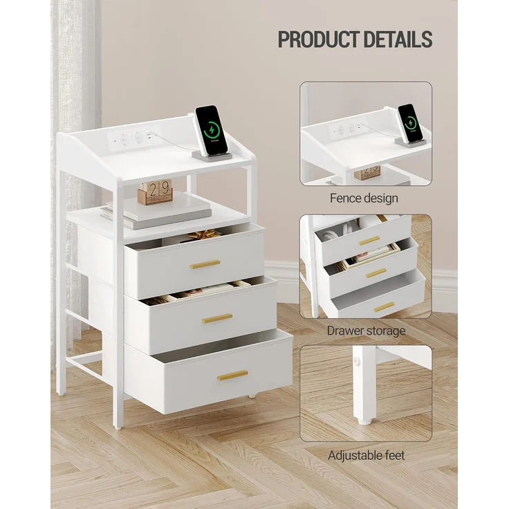 Nachttisch 2er Set, mit LED-Leuchten und Ladestation, Beistelltisch mit 3 Stoff-Schubladen und Regalen, mit USB-Anschlüssen & Steckdosen, für Schlafzimmer, Wohnzimmer, Weiß – Bild 7