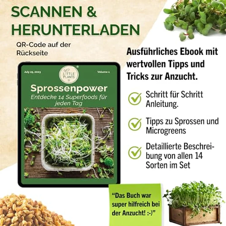 Sprossen Samen Microgreens Starter Set BIO - 14 Sorten BIO Sprossen zum selber züchten Microgreens Samen und Keimsprossen Keimsaat - Probierset für Sprossenglas & Kressesieb (inkl. Ebook) – Bild 6