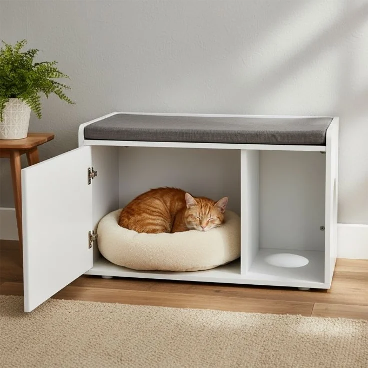 Katzenschrank mit Sitzauflage, weiß, 45,5 x 75 x 43 cm – Bild 3