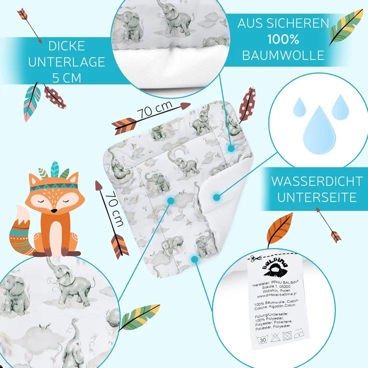 Balbina® Wickelunterlage aus Baumwolle weiche Wickeltischauflage für Wickelkommoden waschbar 70x70 I Elefant im Regenbogen – Bild 3