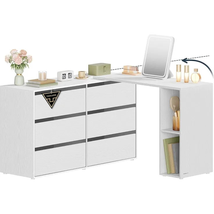 SONGMICS HOME Kommode, Schrank, Schminktisch mit Regal, Schnelle werkzeuglose Montage, nebeneinander oder L-förmig, für Schlafzimmer, Arbeitszimmer, Toolless-Technologie,schneeweiß