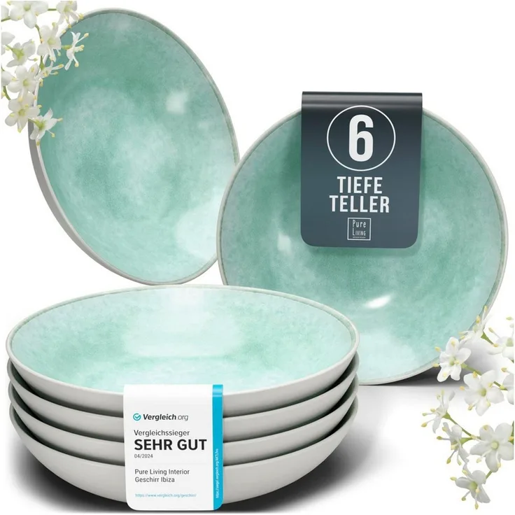 PURE LIVING INTERIOR DESIGN Geschirr-Set Ibiza, 6er-Set Suppenteller, 20 cm, Riffelstruktur, Türkis (6-tlg), 6 Personen, Steingut