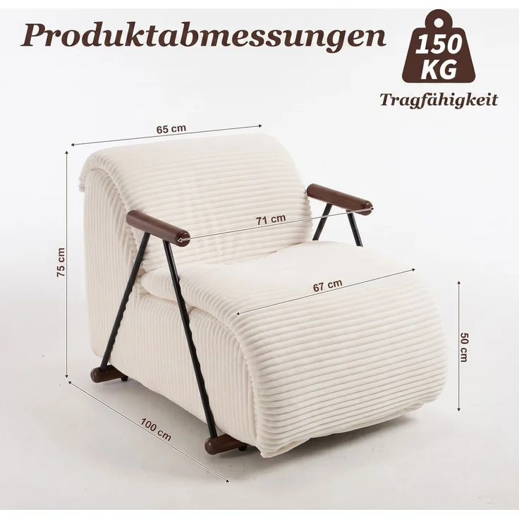LVHOM Relaxsessel mit Lattenrost, ergonomischer Fernsehsessel, gepolsterter Loungesessel mit Armlehnen, XXL Lesesessel für Wohn- und Schlafzimmer, Cord Beige – Bild 6