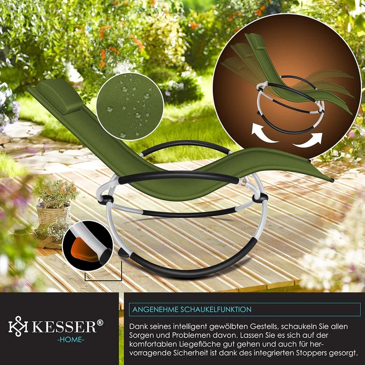 KESSER® Relaxliege Liegestuhl | Gartenliege | Gartenstuhl | Klappstuhl faltbar | Schwungliege | Schaukelsessel | ergonomische Relaxsessel | wetterfest | 180 kg Belastung | 174 x 78 x 89 cm Khaki – Bild 4